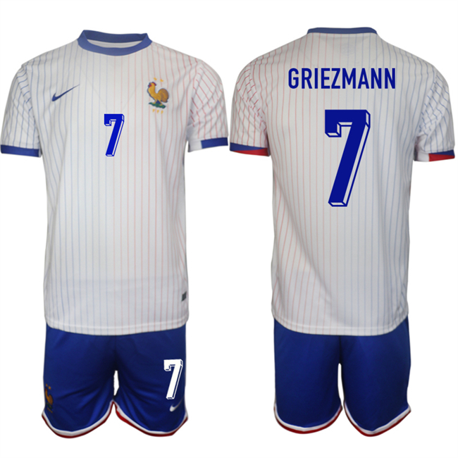 Men's France #7 Antoine Griezmann White 2024-25 Away Soccer Jersey Suit